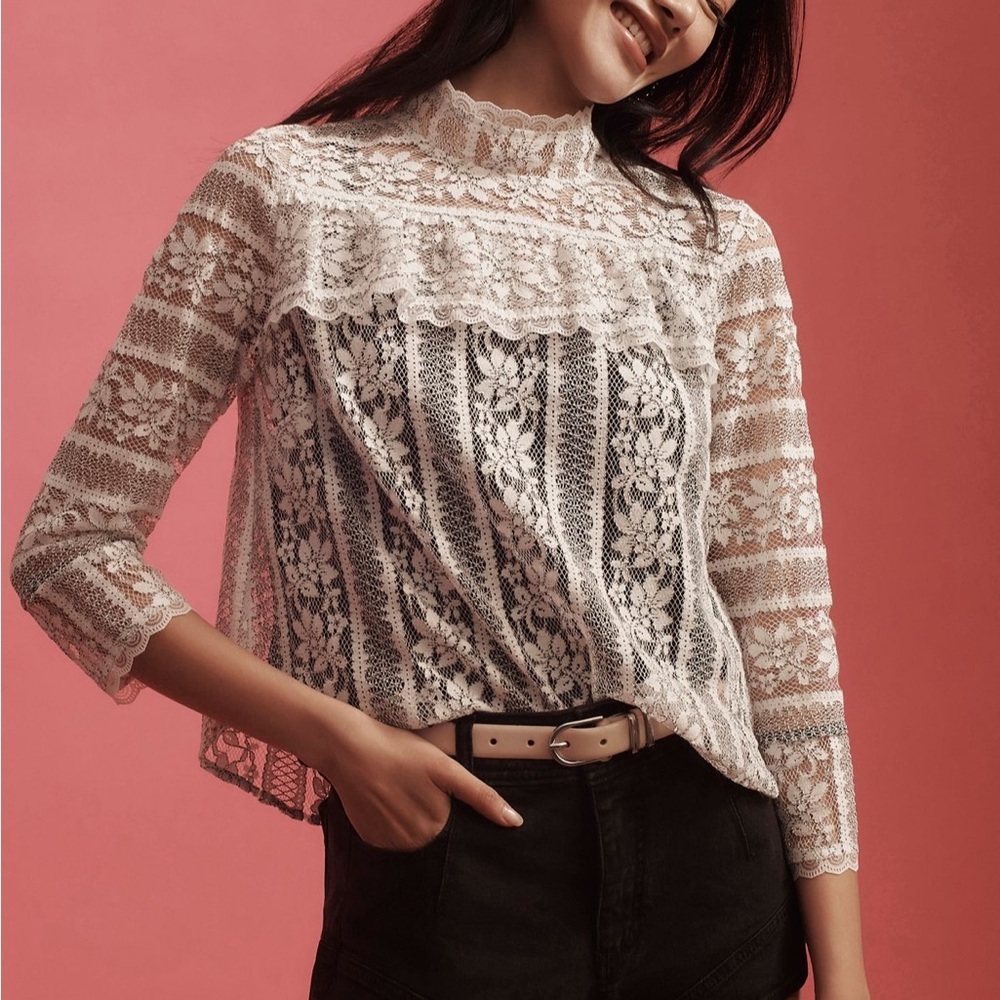 Anthropologie Mock Neck Long-Sleeve Lace Top Cream Black Sz L NEW